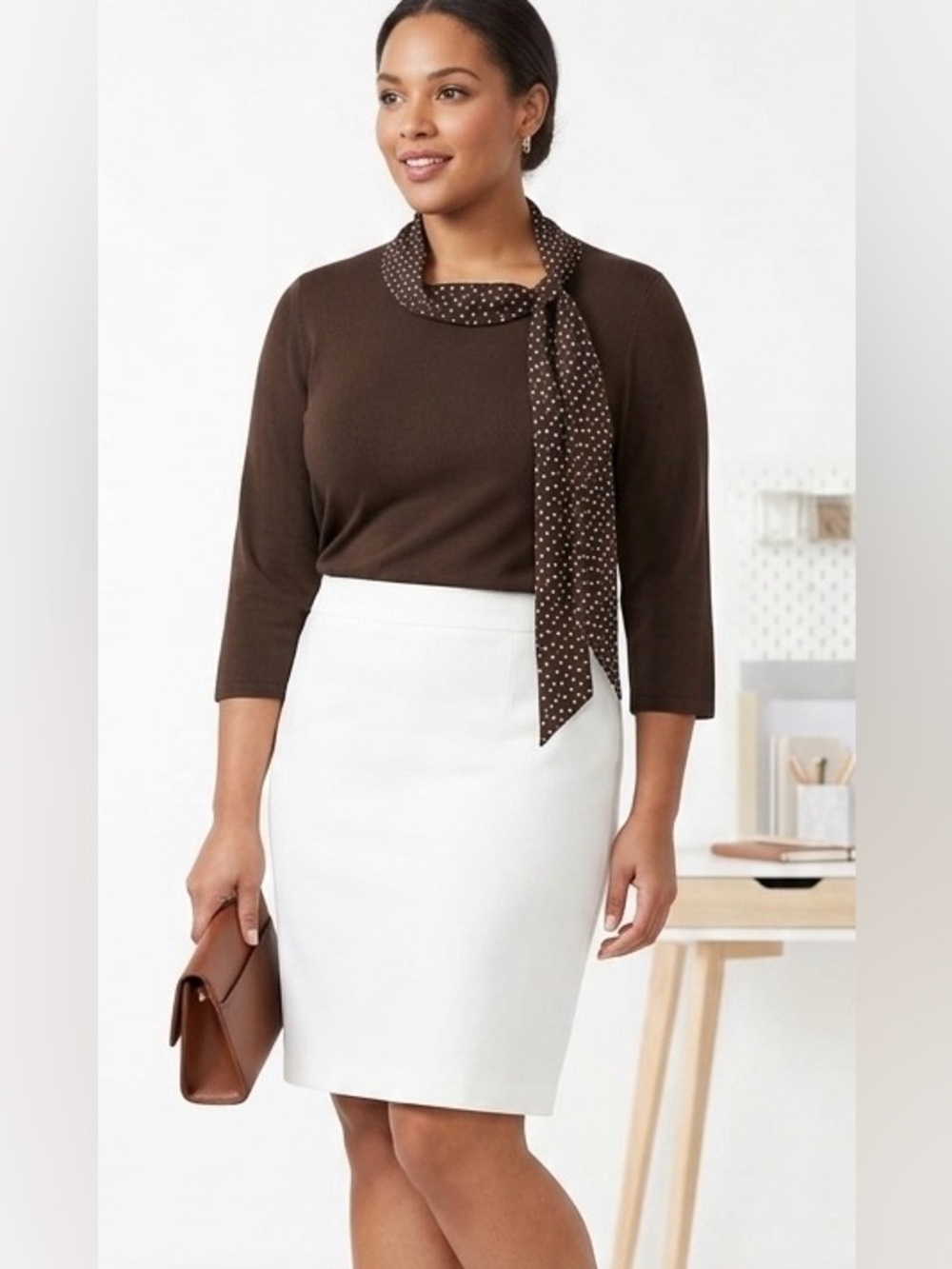 Jaclyn Smith, 3/4 Sleeve top, XL, scarf-style neckline w polka dots. P2P:22”-24”